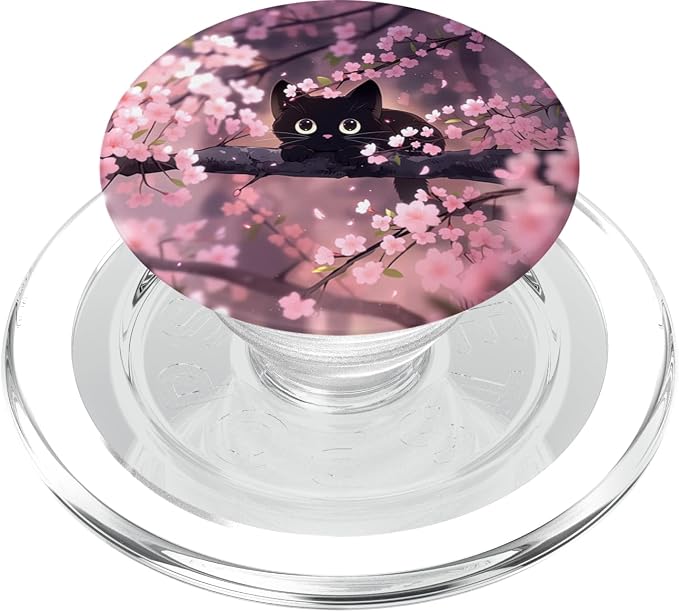 Cute Black Kitten Cat Cherry Blossom Meow Kawaii Anime Cat PopSockets PopGrip for MagSafe