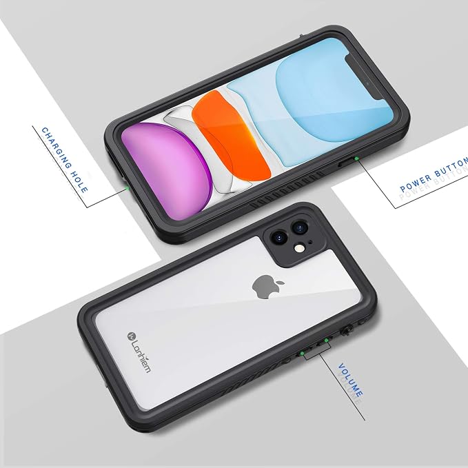 Lanhiem for iPhone 11 Case IP68 Waterproof Dustproof Case with Built-in Screen Protector Heavy Duty Full Body Protective Clear Back Phone Cover for iPhone 11 (Black)