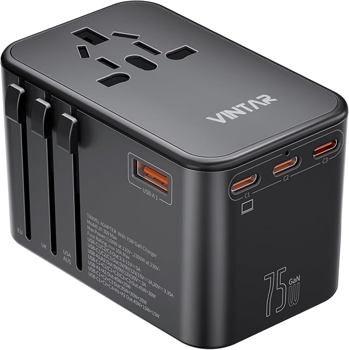 Universal Travel Adapter, VINTAR 75W GaN International Power Adapter with 3 USB C PD and 2 USB A QC, All in One Travel Essentials for UK/EU/USA/AUS, Travel Adapter Worldwide for Laptops Tablets Phones