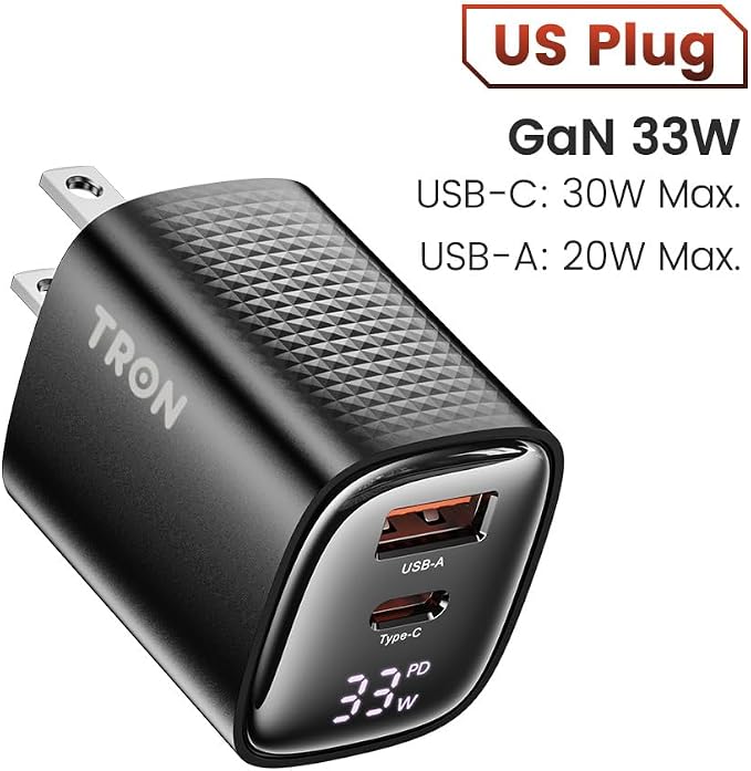 Tron 33W GaN Power Adapter Dual USB-C &amp USB-A Ports Universal Compatibility CNC Aluminum Construction AC 100-240V Input Digital DisplayTR14