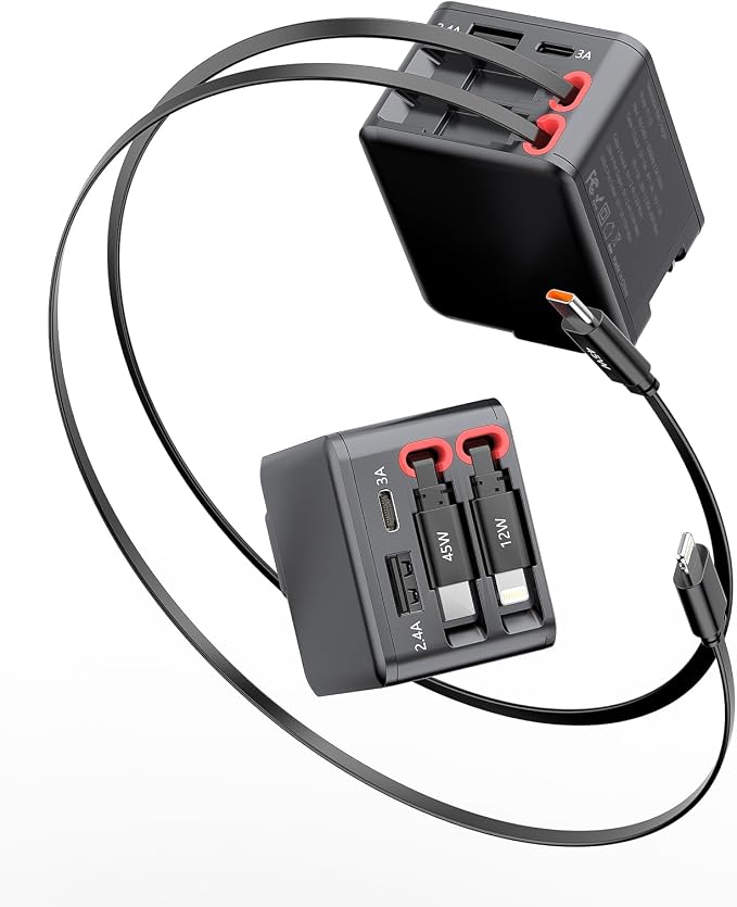 4-in-1 Retractable wall Charger with PD Fast Charging Featuring Dual USB Ports Lightning and Type-C Data Cables a Foldable Four-Port Plug and a GaN Adapter.