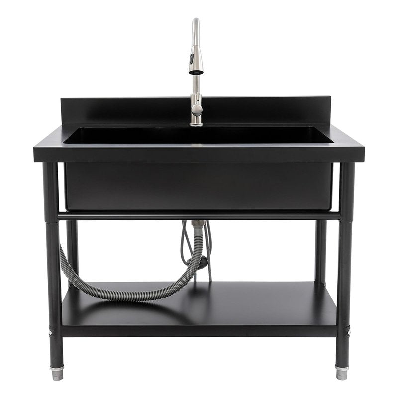 Stainless Steel Utility Sink, Freestanding Commercial Kitchen Sink with Pull-Out Faucet, Large Capacity Laundry Sink, Single Bowl Garage Sinks for Garage Basement Outdoor Indoor Use (Black)