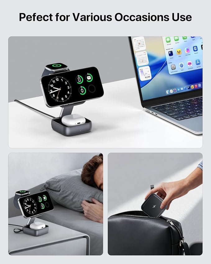 3-in-1 Foldable Wireless Charging Station - Magnetic Fast Charger Dock for 17/16/15/14/13 Ultra/10/9 AirPods Pro - Multi-Device Travel Stand