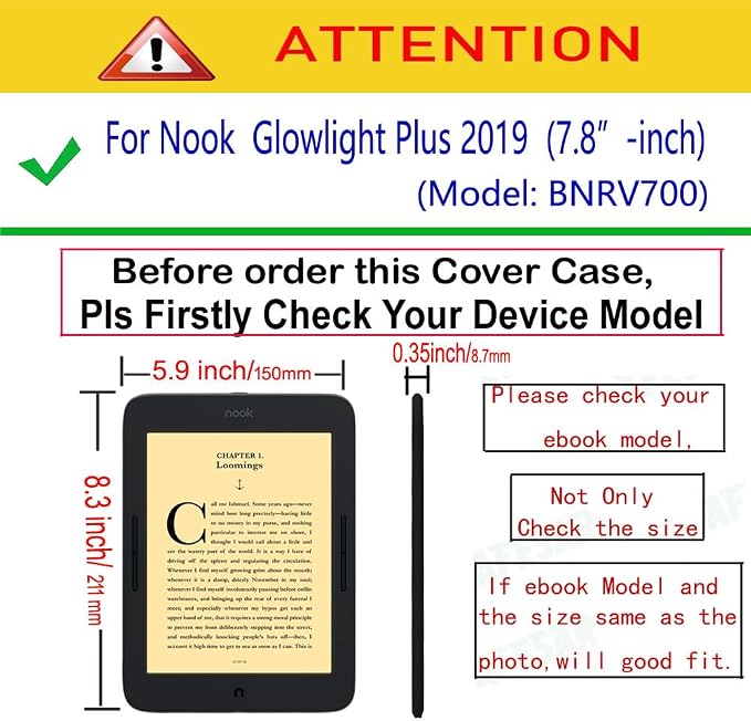 Case for Folio Nook Glowlight Plus 7.8(2019 Released) eReader Compatible with (Model:BNRV700) Magnetic Closure Lightweight PU Leather Cover (Black Glowlight Plus 7.8)