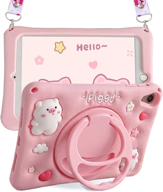 Case for iPad A16 11th / 10th Gen 10.9-Inch 3D Pig Cartoon | Cute Kawaii Cover with 360° Rotating Kickstand &amp Shoulder Strap Soft Silicone Shockproof Protective Case Pink