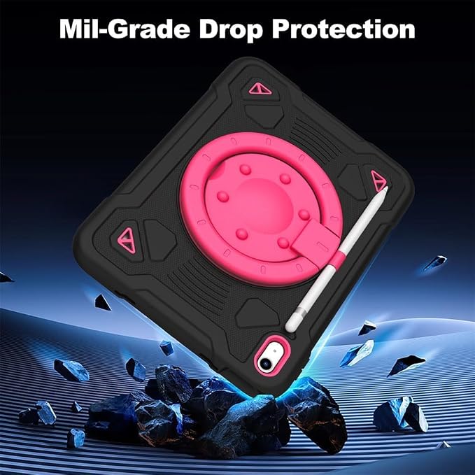 Case for iPad A16 11th / 10th Gen 10.9-Inch 360° Rotating Kickstand | Kids Shockproof Protective Cover with Handle Shoulder Strap &amp Pencil Holder Durable Silicone Case for Girls Black