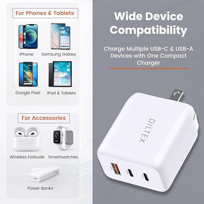 3USB Ports Gan 20W Foldable Charger 2 Pack - Compact Dual USB-C &amp USB-A Fast Charger with Smart Power Output for Safe Charging- Charging Block Compatible with Apple &amp Android Simultaneously
