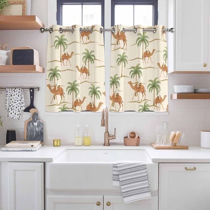 2 Panel Kitchen Cafe Curtains, Date Coconut Tree Sunlight Filtering Nature Air