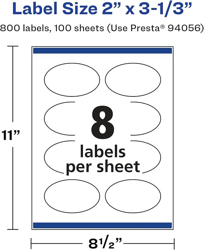 Avery Glossy White Oval Labels, Sure Feed Technology, 2" x 3-1/3", 800 Glossy White Labels, Print-to-The-Edge, Permanent Adhesive, Laser/Inkjet Printable