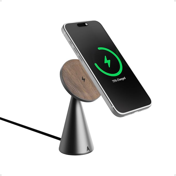 Black Walnut Wood and Aluminum Wireless Charger | Magnetic Charging Stand for iPhone Compatible with MagSafe