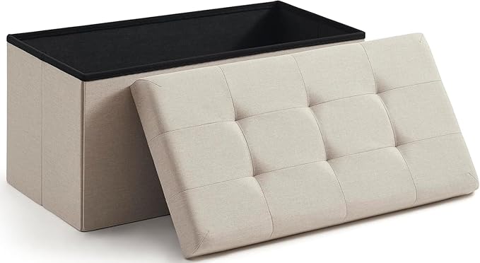 43 Inches Folding Storage Ottoman Bench, Ottoman Foot Rest, Storage Chest, End of Bed Foot Rest Stool with Padded Seat for Living Room, Bedroom, Entryway, Support 660lbs, Linen, Beige
