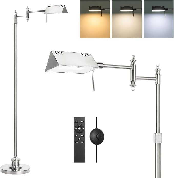 Dimmable Pharmacy Floor Lamp with Remote, 17W LED Reading Floor Lamp with 360°Swing Arm, 3 Color Temperature, Height Adjustable Silver Standing Task Lamp for Living Room, Bedroom, Brushed Nickel