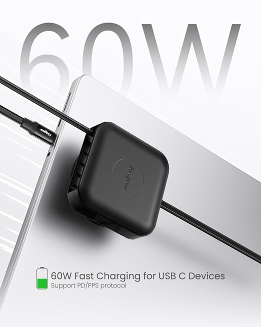 Fasgear Retractable USB C Cable Desk Mount 2 Pack 4.6ft Black | 60W PD/PPS Fast Charging 360° Rotatable Flat Cable USB C 2.0 Type C Cable i-Phone 17 16 15 Pro/i-Pad/Mac-Book/Sam-sung
