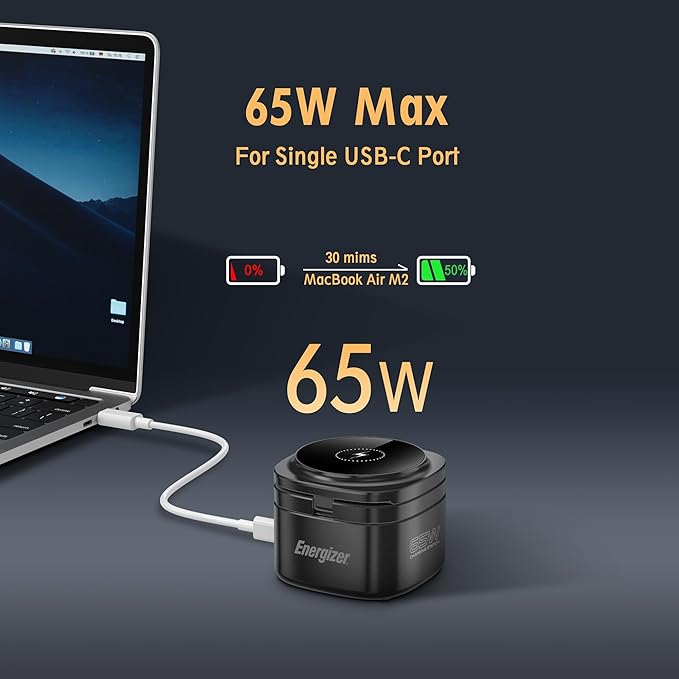 Energizer Foldable Apple Magsafe Charging Station with 65W USB C Fast Charger,5 in 1 Magnetic Wireless Charger Stand Dock for Multiple Devices iPhone 16 15 14 13 Pro Max Apple Watch AirPods MacBook