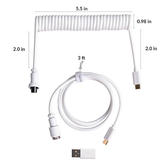 Keychron Custom Coiled Aviator USB-C Cable Black 5-Pin (GX12) Detachable Metal Connector USB-A Adapter Durable Braided Cable for Mechanical Keyboards Charging &amp Data Transfer