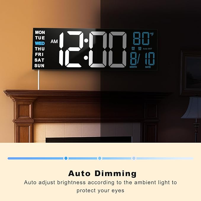 TrophyRak 16" Large Digital Wall Mount Clock, Count Down Timer, Alarm, Big LED, RGB Color, DST, Temperature for Living Room Classroom Desk, Wall, Xmas, Birthday Gift for Senior Mom Dad, White Blue
