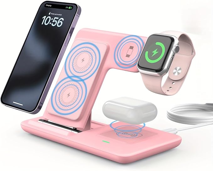 Foldable 3-in-1 Wireless Charging Station Fast Charging Stand Dock for Smart Watch Earbuds &amp Phone Magnetic Connection USB Powered