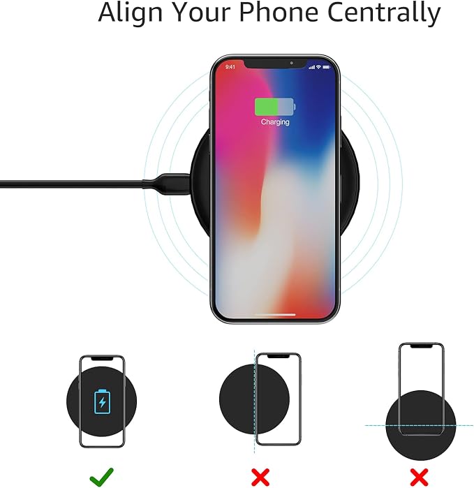 Amazon Basics Wireless Charger 15W Qi Certified Wireless Charging Pad with USB Cable Compatible with iPhone 15/14/13/12/11/X Samsung &amp LG Case Compatible Black