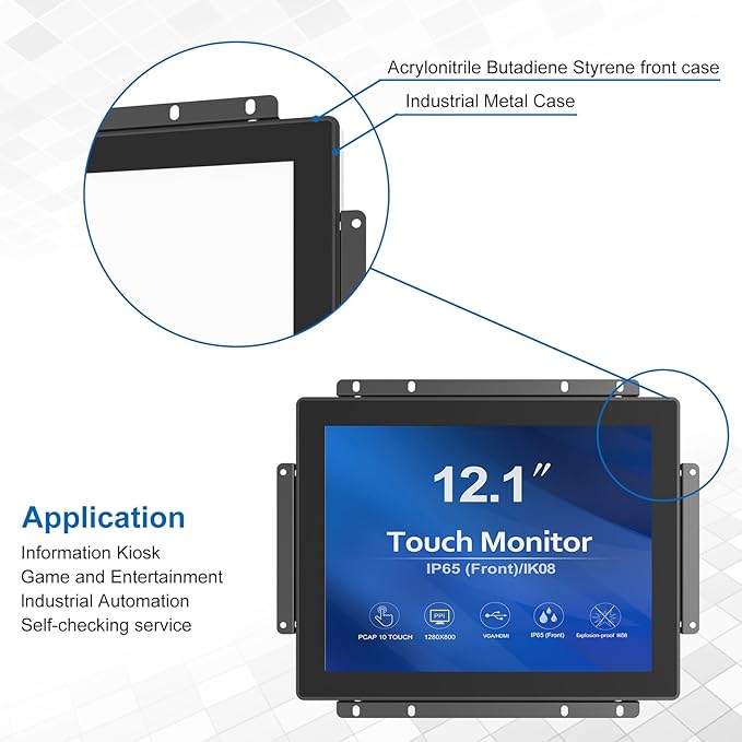 GreenTouch 12.1 Inch 1000 Nits High Brightness Display Capacitive Touchscreen Open Frame LCD Touch Screen Monitor - Front IP65 and IK08-1024 x 768 - Black