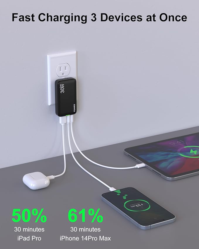 3-Port Flat USB C Wall Charger 30W Max Type-C Fast Charging Block | Dual USB-C 1 USB-A PD 25W Fast Charging Slim Body Foldable Plug for IPad Pro Tablets iPhone 17/16/15 Series Galaxy