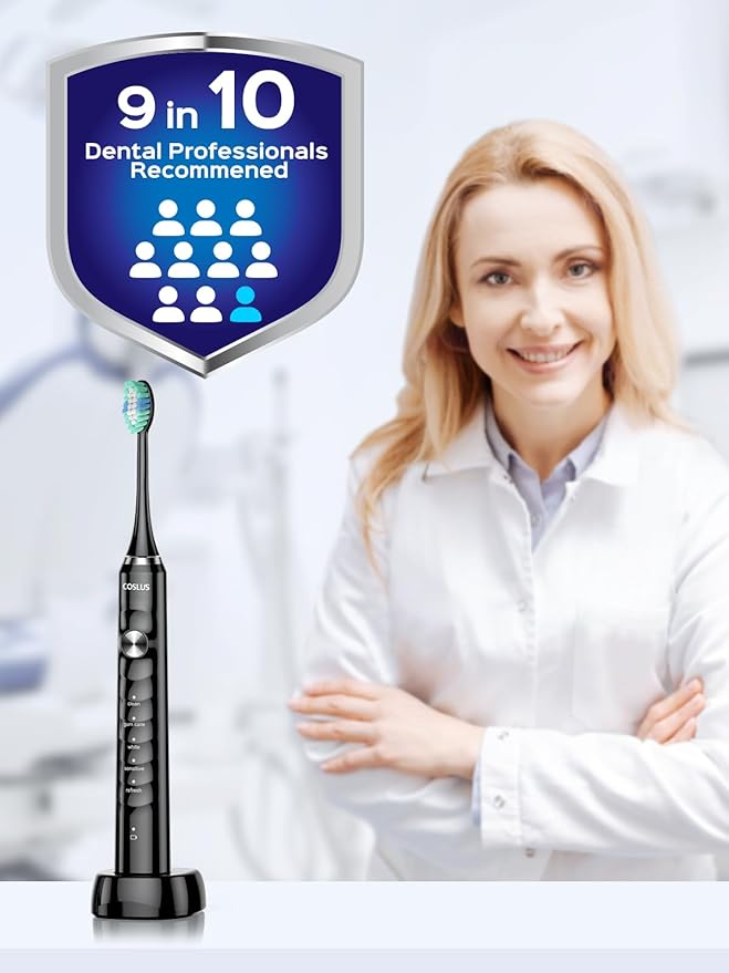 COSLUS Sonic Electric Toothbrush for Adults: 47000 VPM for Deep Cleaning & Whitening with Travel Case - 5 Modes for Sensitive Teeth & Braces, Wireless Charging, 6 Brush Heads for Family, Black (1PC)