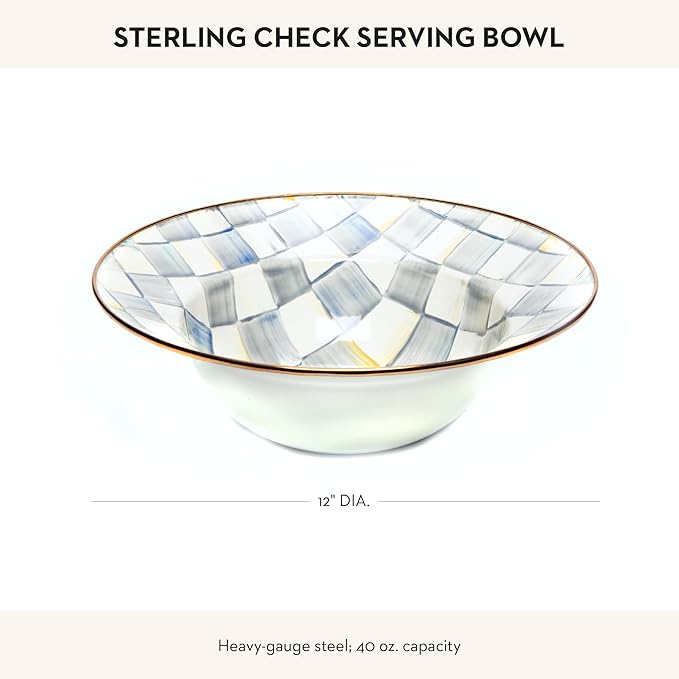 MACKENZIE-CHILDS Enamel Serving Bowl, Enamel Serveware Bowl, 12 Inches, Gray-and-White Sterling Check