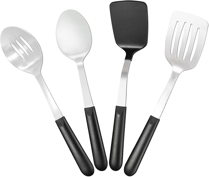 CuCut 4 Pcs Cooking Utensils Set, Stainless Steel Kitchen Utensils, Heat Resistant Metal Kitchen Tools Include Solid, Slotted Turner, Serving Spoon, Non-Stick Wok Spatula, Dishwasher Safe, Silver