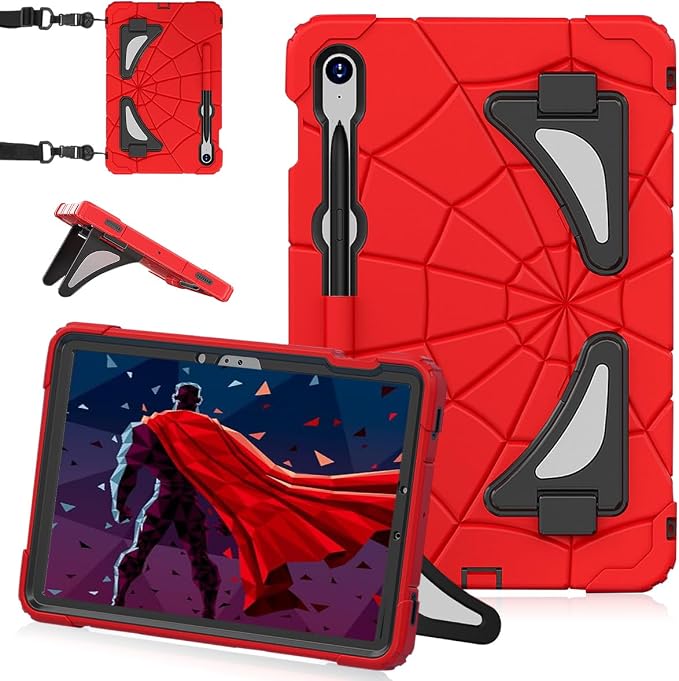 Case for Samsung Tab A7 Lite 8.7 inch 2021 Release SM-T220/T225/T227u Shockproof Cute Kids Silicone Protective Cover for Galaxy Tab A7 Lite 8.7 inch with Kickstand Shoulder Strap Red+Black