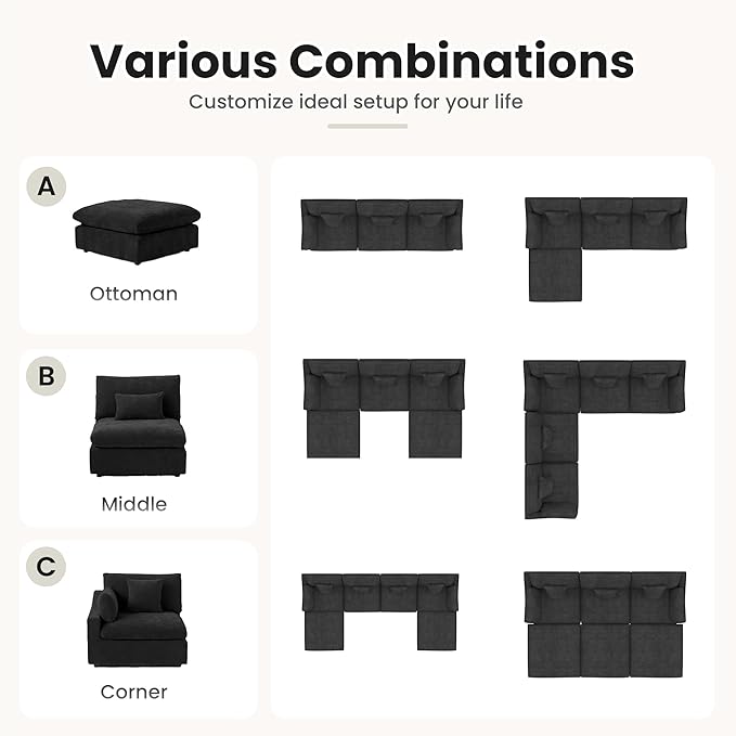 156" Cloud Couch Modular Sectional Sofa with Ottoman,L Shaped Couch,Down Filled Convertible Sofa,Cover Washable and Replaceable Couches for Living Room,Black