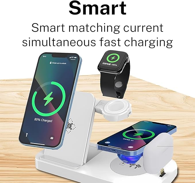 4-in-1 Fast Wireless Charging Station for iPhone16/15/14/13, Apple Watch Ultra/9/8, AirPods Pro,18W Qi-Certified (with QC3.0 Adapter)