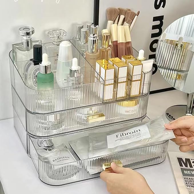 MIUOPUR Makeup Organizer with Stackable Drawers, Bathroom Vanity Organizers and Storage, Ideal for Desk and Dresser Countertops, Great for Cosmetics, skincare, Lipsticks, Nail Care -Clear