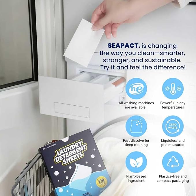 Laundry Detergent Sheets 120 Loads Unscented, Plastic Free, Washing Soap Sheets, Hypoallergenic, Fragrance Free, Space Saving - Eco Friendly for Dorm Apartment house Travel 60 sheets
