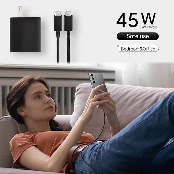 45W Samsung USB C Super Fast Charger 2 Pack PD 3.0 Charging with 6FT Cable for Samsung Galaxy S24 Ultra/S24 Plus/S24+/S23 Ultra/S23+/S22 Ultra/S22 Plus/S21/Note 20/Note10+