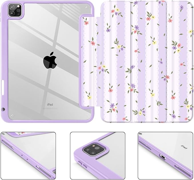 Mektron Case for iPad Pro 11 inch Case M2 2022 Generation 4th Fit 2021 2020 2018 iPad Pro 11 (3rd 2nd &amp 1st Gen) -Buit in Pencil Holder with Shockproof Cover Clear Shell Blue Bows &amp Flower