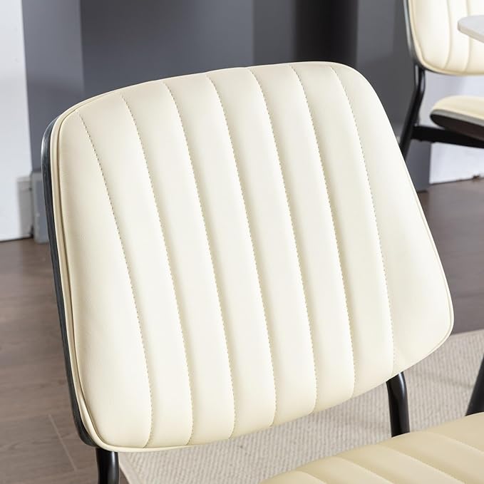 Dining Chairs Set of 6, Mid Century Modern Accent Dining Room and Kitchen Chairs, Upholstered PU Leather Vertical Stripe Chairs for Vanity with Walnut Bentwood and Metal Legs, Beige