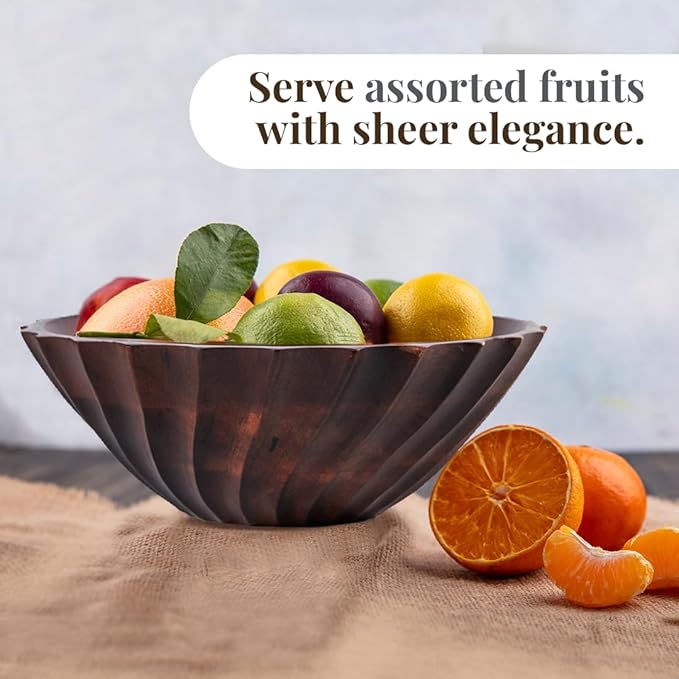 Folkulture Black Wave Salad Bowl | 11” Large Mango Wood Serving Bowl with Dual Ribbed Design | Modern Wooden Bowl for Salad, Fruit & Pasta | Kitchen Island & Dining Table Décor