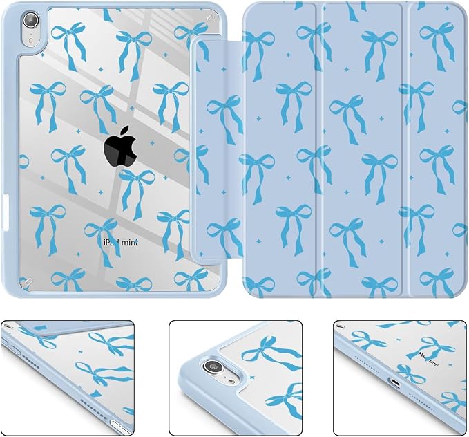 Case for iPad mini (A17 Pro 7th Generation) 2024/iPad Mini (6th Gen) 8.3 Inch with [Built-in Pencil Holder] Shockproof Cover with Clear Transparent Back Shell &amp Auto Wake/Sleep - Blue Bows