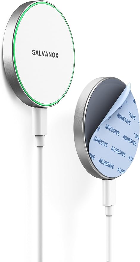 Galvanox Compatible with MagSafe Wall Mounted Magnetic Wireless Charger (15W) Fast Charging Stick-on Adhesive Design with Removable USB-C Cable (Black 10 FT)