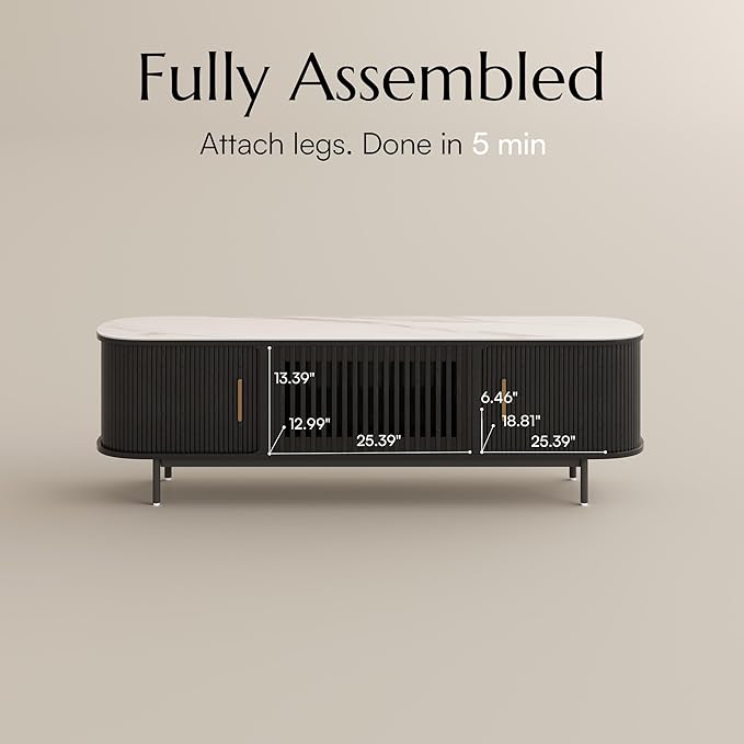 POVISON Sliding Tambour Door TV Stand, Mid Century Modern Sintered Stone TV Console, Wood Media Console for 70 Inch TV, Entertainment Center with Storage Cabinet, Fully-Assembled (Black, 70.87")