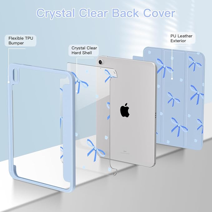 Teryeefi for 2024 iPad mini 7 Case A17 Pro for iPad mini 6th Generation Case 2021 8.3 Inch with Pencil Holder Auto Wake/Sleep Slim Clear Back Shell Cover (Blue Bow)
