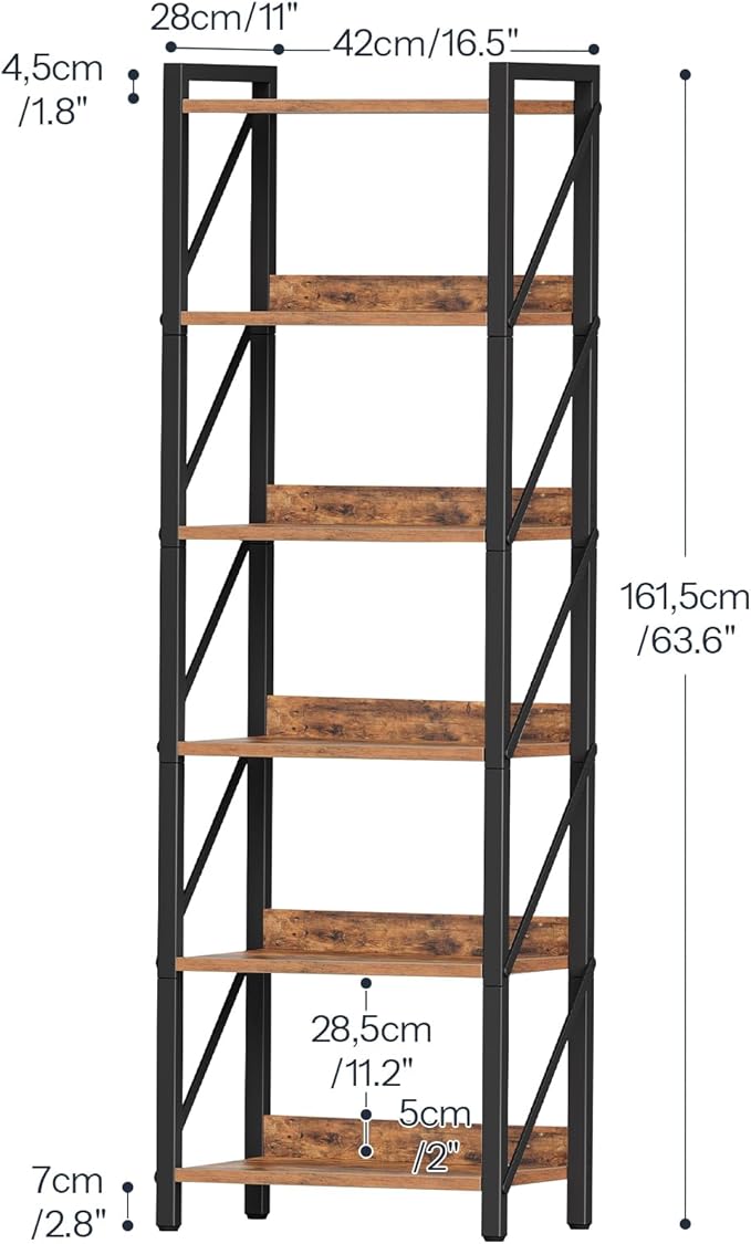HOOBRO Bookshelf, 6-Tier Industrial Bookcase, Book Shelf Storage Organizer, Tall Bookshelf with Metal Frame for Living Room, Bedroom, Home Office, Kitchen, Rustic Brown and Black BF72SJ01