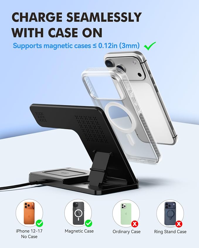 25W MagSafe Charging Station 3-in-1 Magnetic Wireless Charger Stand | Foldable Phone and Watch Charger for Apple Multiple Devices-iPhone Air 17 16 15 14 13 12 Pro Max Watch and AirPods-Black
