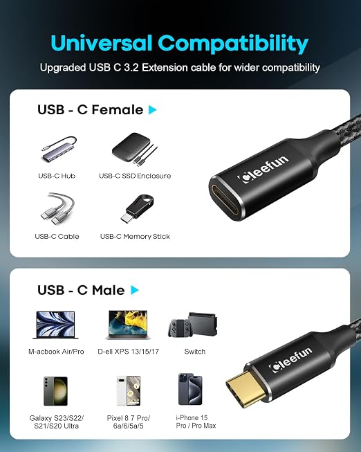 CLEEFUN 10ft USB C Extension Cable 3.2 Male to Female 5Gbps Data &amp 4K Video Sync 100W Fast Charging for USBC Hub Laptop Tablet Phone