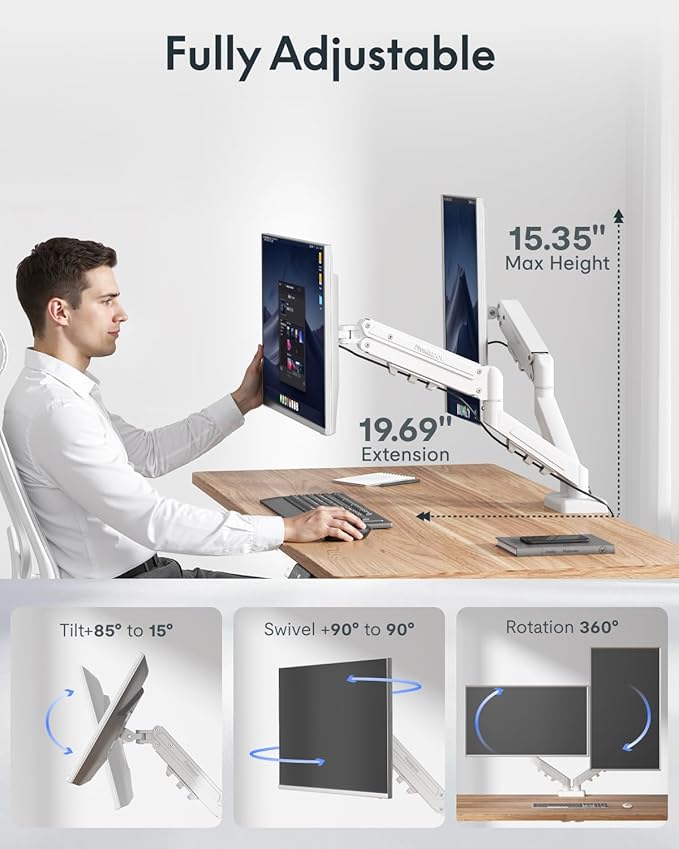 Flexispot Dual Monitor Arm, 17-32 Inch Monitor Mount up to 19.84 lbs, Fast Install VESA Mount for Home Office Gaming, Full Adjustable Gas Spring with C-Clamp and Grommet Base, White