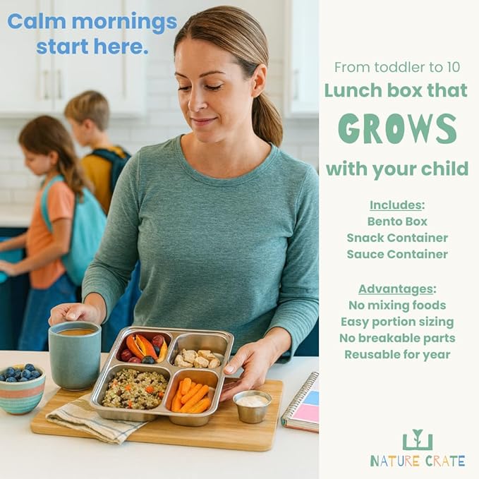 Stainless Steel Lunch Box for Kids 5 and Older – 3 Pieces Stainless Steel Bento Box with 4 Compartments & 2 Snack Containers – Leak Proof, BPA-Free, Eco-Friendly, Dishwasher Safe & Durable – Green
