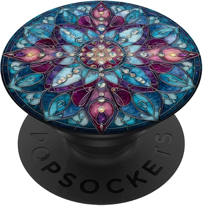 Stained Glass Style Blue Floral Mandala Bohemian Aesthetic PopSockets PopGrip for MagSafe