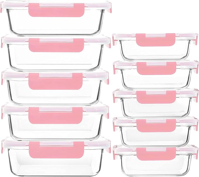M MCIRCO [10-Pack Meal Prep Containers with Snap Locking Lids, Glass Airtight Lunch, Food Storage Containers, Microwave, Oven, Freezer and Dishwasher Friendly, Pink