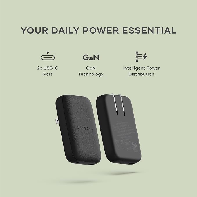 Satechi OntheGo 67W GaN Wall Charger PD 3.0 + PPS Dual USB-C Ports Black | Dual USB-C ports 45W+20W split-charging mode fits MacBook iPad iPhone 17 Galaxy Pixel Steam Deck