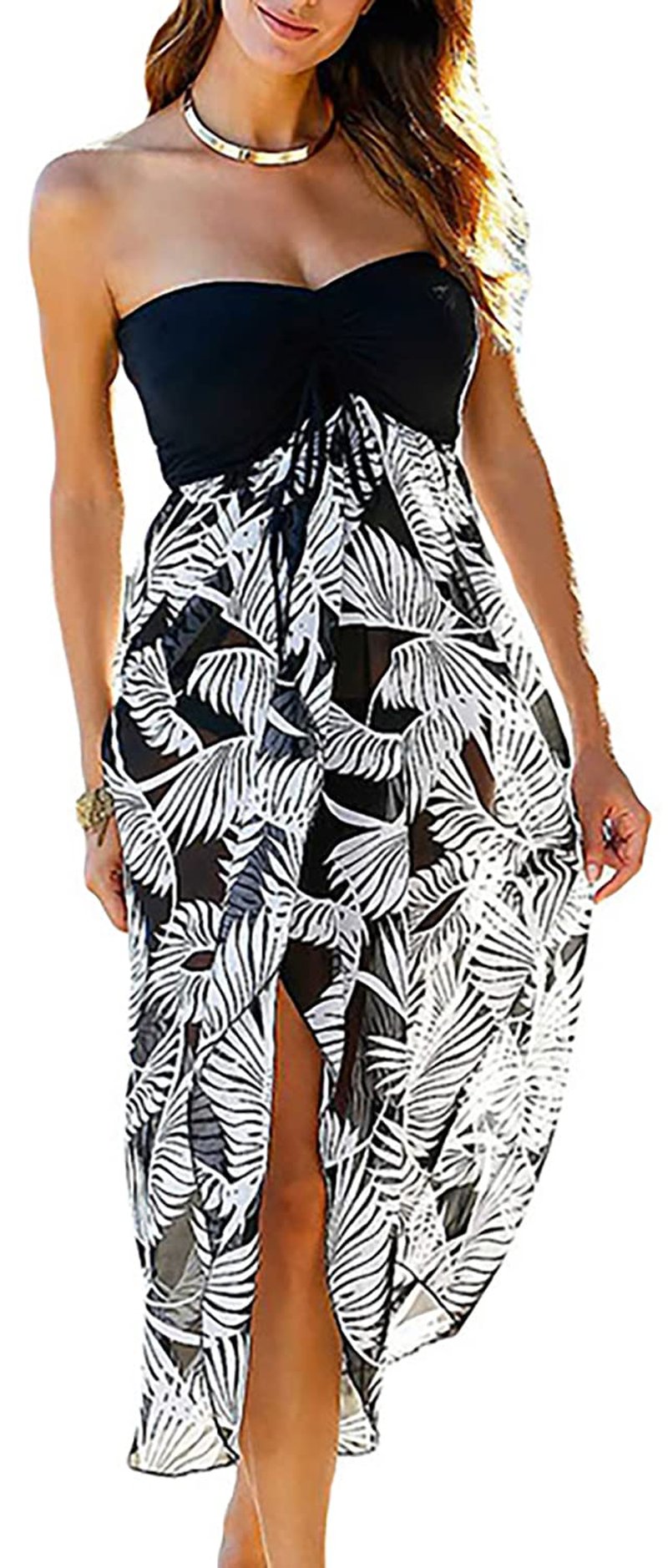 Women's Beach Dress Summer Sundress Maxi Strapless Cover Ups Vacation Wrap Dresses(A Maxi White Leaf,M)