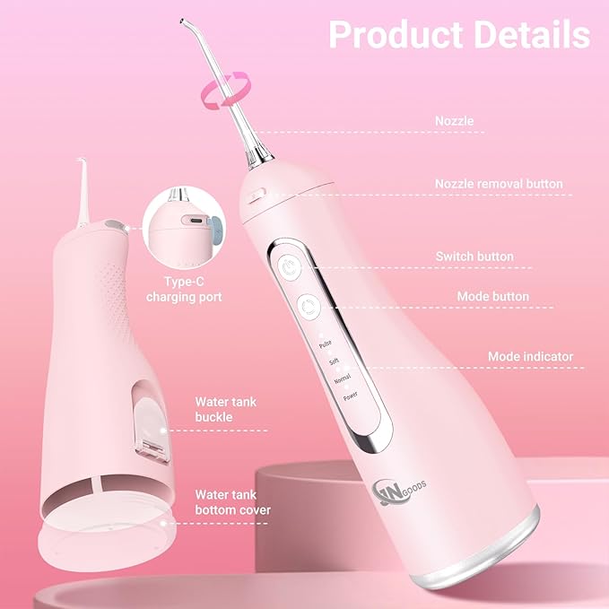 JNGOODS Cordless Water Dental Flosser Oral irrigator,JNGOODS 300ml Rechargeable Water flosser for Teeth IPX7 Waterproof 4 Modes Portable Oral Irrigator with 4 Jet Tips, Travel Home use (Pink)